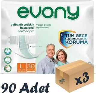 Evony Bel Bantlı Yetişkin Hasta Bezi Large 30'Lu 3 Paket 90 Adet