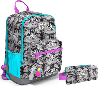 Coral High Dört Bölmeli Ortaokul Sırt Çantası ve Kalemlik Seti - Gri Kedi - Kız Çocuk