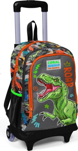 Coral High Işıklı Tekerlekli Dinazor Kamuflaj Çekçek Okul ve Seyahat Çantası Erkek Çocuk Gri