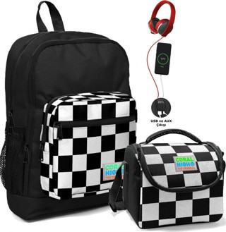 Coral High Okul Çantası ve Beslenme Çantası Seti - Erkek Çocuk Siyah Damalı - USB Soketli