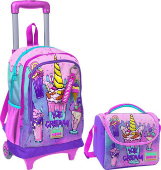 Coral High Pembe Mor Dondurma Işıklı Tekerlekli Okul Çantası ve Beslenme Seti - Kız Çocuk