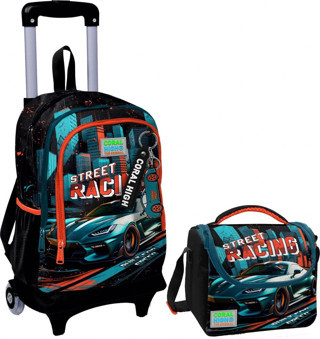Coral High Siyah Nefti Yarış Arabası Işıklı Tekerlekli Okul Çantası ve Beslenme Seti - Erkek Çocuk