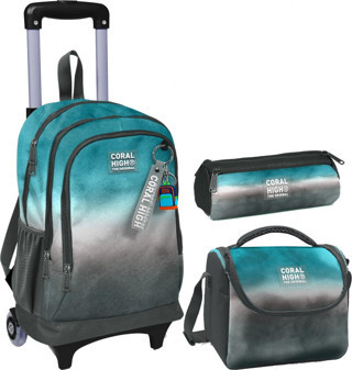 Coral High Turkuaz Gri Batik Üçlü Çekçek Işıklı Tekerlekli Çanta Seti - Erkek Çocuk