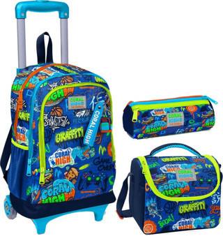 Coral High Saks Grafiti Üçlü Çekçek Işıklı Tekerlekli Çanta Seti - Erkek Çocuk