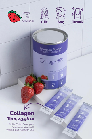 Powder Collagen 300g, 5 Tip Toz Kolajen 10.000mg X 30 Şase & Multivitamin Çilek Aromalı