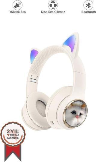 Torima HD11 Beyaz Sevimli Kedi Karükatür Kulak Led Işıklı 5.3 Bluetooth Kulak Üstü Kulaklık