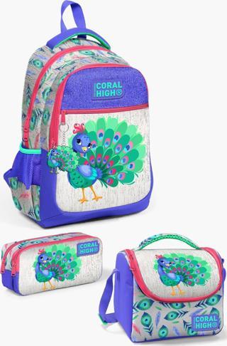 Coral High Kids Gümüş Lavanta Tavus Kuşu Desenli 3’lü Okul Çanta Seti SET0123488