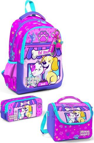 Coral High Kids Kedi Köpek Desenli 3’lü Okul Çanta Seti SET0123646