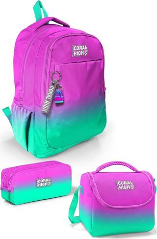 Coral High Kids Pembe Su Yeşili Renk Geçişli 3’lü Okul Çanta Seti SET0123664