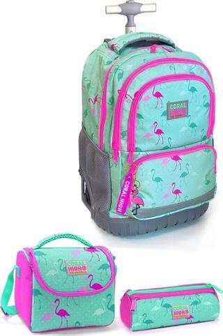 Coral High Kids Su Yeşili Flamingo Desenli Çekçekli 3'lü Çanta Seti SET0124022