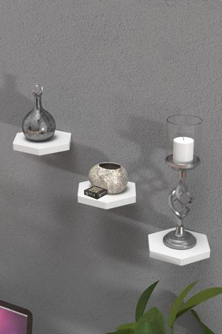 Gold Falez Duvar Rafı Dekoratif 3 Adet Çiçeklik Altıgen Beyaz