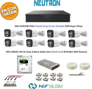 Neutron 2mp 8 kameralı Sesli Dış ortam AHD Full Kamera Seti 500GB Disk NEU-XVR108-FHD NEU-AB102-28-CA