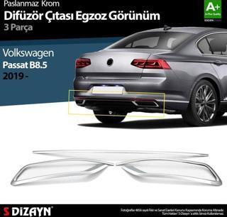 S-Dizayn VW Passat B8.5 Krom Egzoz Görünümü Difüzör Çıtası 3 Parça 2019 ve Üzeri 