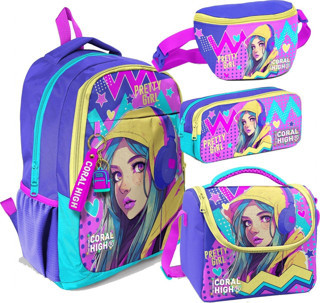 Coral High Lavanta Turkuaz Kulaklıklı Kız Desenli Kız Çocuk Dörtlü Okul Çanta Seti - İlkokul ve Ortaokul İçin Uygun