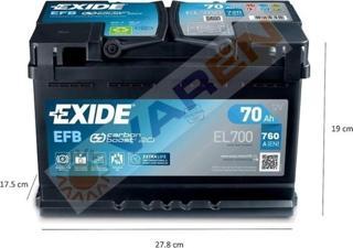 Exide 70 Ah Efb Start Stop 760 A(En) Akü