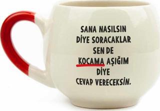 Kocama Aşığım Diye Cevap Vereceksin Krem Parlak Balon Kupa (Kırmızı Kulp) - Hediye Seramik Kupa