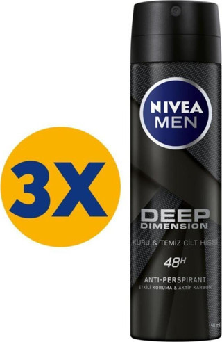 Nivea Men Erkek Sprey Deodorant Deep Dimension 150 mlx3Adet,48 Saat Anti-Perspirant Koruma