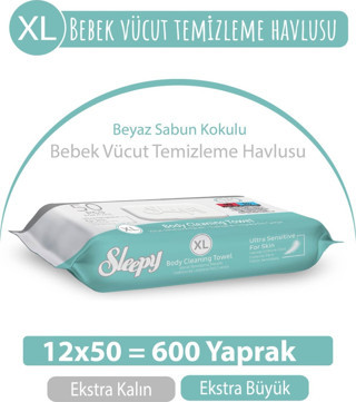 XL Beyaz Sabun Kokulu Bebek Vücut Temizleme Havlusu 12x50 (600 Yaprak)
