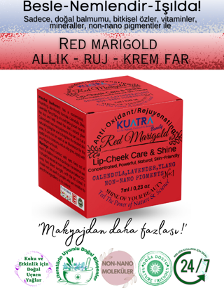 Kuatra Red Marigold Doğal İçerikli Nemlendirici - Antioksidan Işıltı Veren Balm (Ruj - Allık - Göz Farı) 7ml