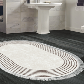 Dekoreko Kaymaz Taban Djt Banyo Halısı Trend Saçaklı Oval Modern M5142 Bej