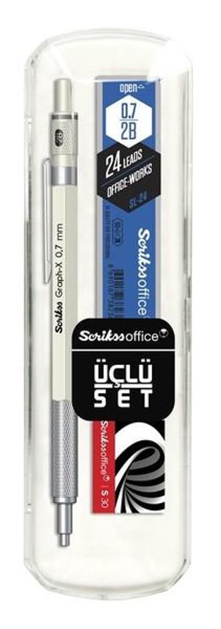 Scrikss Oficce Graph-x 3'lü Set Beyaz Versatil Kalem 0.7mm + Silgi + Min