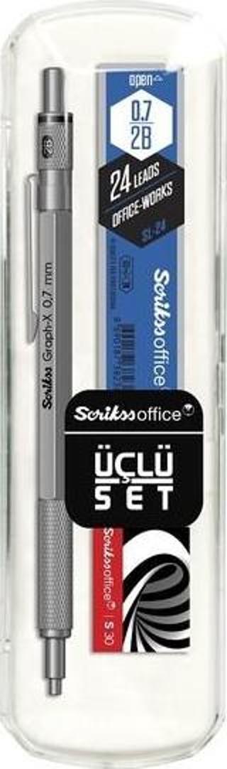 Scrikss Oficce Graph-x 3'lü Set Kurşuni Versatil Kalem 0.7mm + Silgi + 07 Min