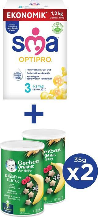 SMA OPTIPRO 3 Devam Sütü 1.2kg (2x600g) + GERBER ORGANIC Buğday, Pirinç, Muz ve Ahududulu Atıştırmalık 2x35g