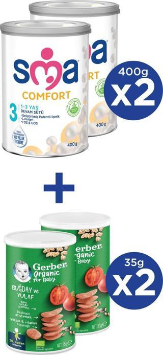 SMA COMFORT 3 1-3 yaş Devam Sütü 2x400g + GERBER ORGANIC Buğday ve Yulaflı Atıştırmalık 2x35g