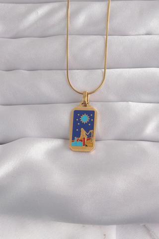 316L Çelik Gold Renk Mavi Mineli Kız Figür Tarot Kolye - TJ-BKO9033