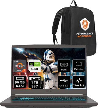 MSI Thin A15 AMD Ryzen 7 7735HS 96GB 1TB SSD 15.6" FHD 144Hz FDOS Bilgisayar B7VF-075XTR & PER4 ÇANTA B7VF075XTRP338