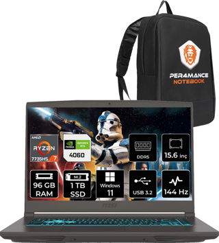 MSI Thin A15 AMD Ryzen 7 7735HS 96GB 1TB SSD 15.6" FHD 144Hz W11H Bilgisayar B7VF-075XTR & PER4 ÇANTA B7VF075XTRP378