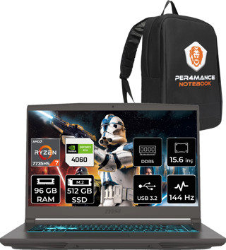 MSI Thin A15 AMD Ryzen 7 7735HS 96GB 512GB SSD 15.6" FHD 144Hz FDOS Bilgisayar B7VF-075XTR & PER4 ÇANTA B7VF075XTRP337