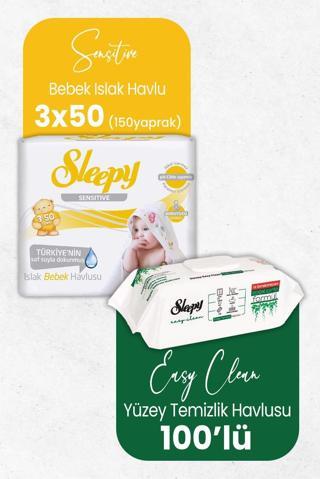 Sleepy Sensitive Islak Bebek Mendil 3 x 50 Adet ve Temizlik Havlusu 100' lü