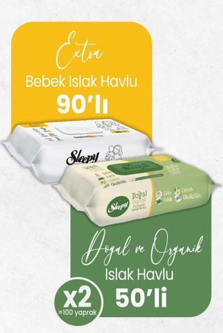 Sleepy Islak Havlu Extra Bebek 90' lı ve Doğal Organik 50' li x 2 (100 Yaprak)