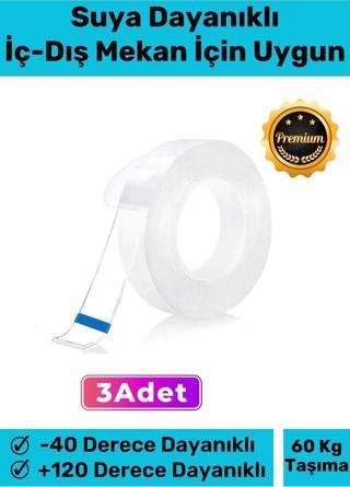 Deluxe Ultra Süper Güçlü Yüksek Mukavemetli Nano Teknolojili Çift Taraflı Şeffaf 1 mt Bant 3 Adet