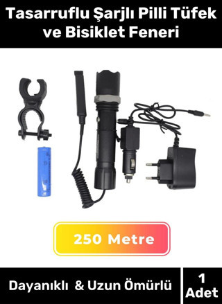 Özel Üretim 3 Modlu Beyaz Işıklı Alüminyum Tasarruflu Şarjlı Pilli Tüfek ve Bisiklet Feneri