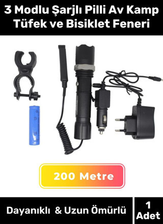 Premium 200 Metre Menzilli Beyaz Işıklı 3 Modlu Şarjlı Pilli Av Kamp Tüfek ve Bisiklet Feneri