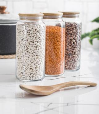 3'lü Bambu Kapaklı Cam Kavanoz & Erzak Saklama Kabı Seti 1.300 ml Büyük Boy ( Vakum Kapak )