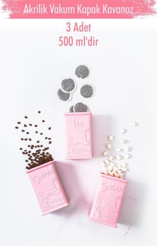 Akrilik Soft Pembe Şeker Kahve Çay Kavanozu 500 Ml (Vakum Kapak )
