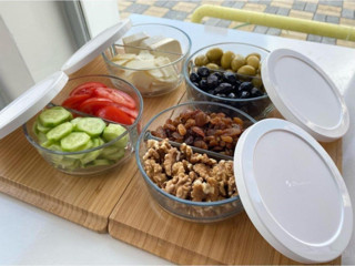 Paşabahçe polar bölmeli cam saklama kabı - 4 lü kapaklı kahvaltılık beyaz