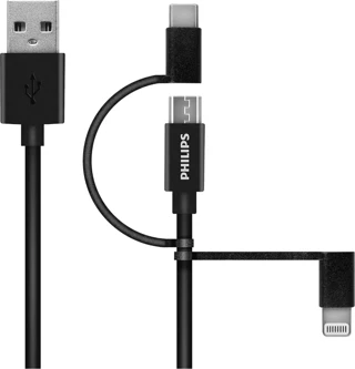 Philips MFI Apple Lisanslı 3in1 Micro Usb-Lightining-Type-C Hızlı Şarj ve Data Kablosu 2m Siyah DLC3106T