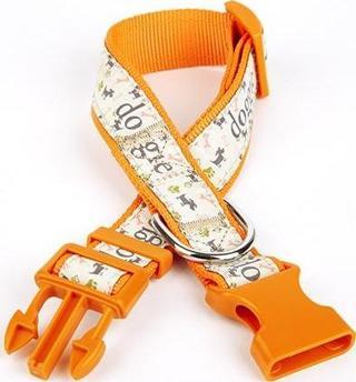 Doggie Desenli Süslü Dokuma Köpek Boyun Tasması 1,5 x 25-40 cm Turuncu