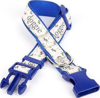 Doggie Köpek ve Pati Desenli Dokuma Köpek Boyun Tasması 3 cm x 36-60 cm Mavi