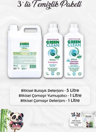 Green Clean Bulaşık Deterjanı 5 lt, Çamaşır Deterjanı 1lt, Yumuşatıcı 1 lt ve ROSIE