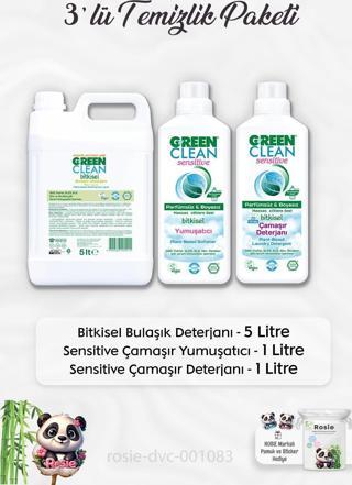 Green Clean Bulaşık Deterjanı 5 lt, Sensitive Çamaşır Deterjanı 1lt, Sensitive Yumuşatıcı 1 lt ve ROSIE