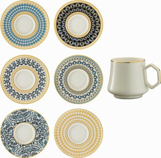 Sandro Moreno 1453 Şangay Double Geometrik Gold 12 Parça 6 Kişilik Kahve Fincan Takımı 120 ml