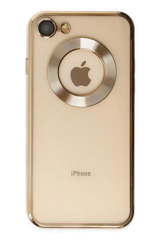 Kılıfmania Apple iPhone SE 3 2022 Kapak Yanları Renkli Lens Korumalı Logo Gösteren Şeffaf Luxury Kılıf - Gold