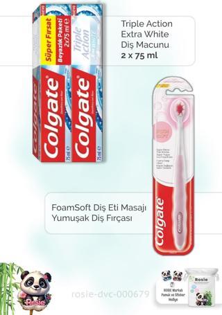 Colgate Action Extra White 2 x 75 ml Diş Macunu,  FoamSoft Diş Eti Masajı Diş Fırçası ve ROSIE