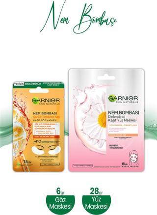Garnier Nem Bombası Kağıt Yüz Maskesi Dinlendirici 28 gr ve Kağıt Göz Maskesi Portakal 6 gr