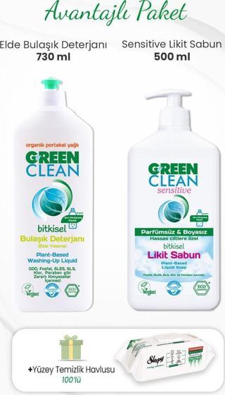 Green Clean Bulaşık Deterjanı 730 ml, Likit Sabun 500 ml ve Yüzey Temizlik Havlusu 100'lü